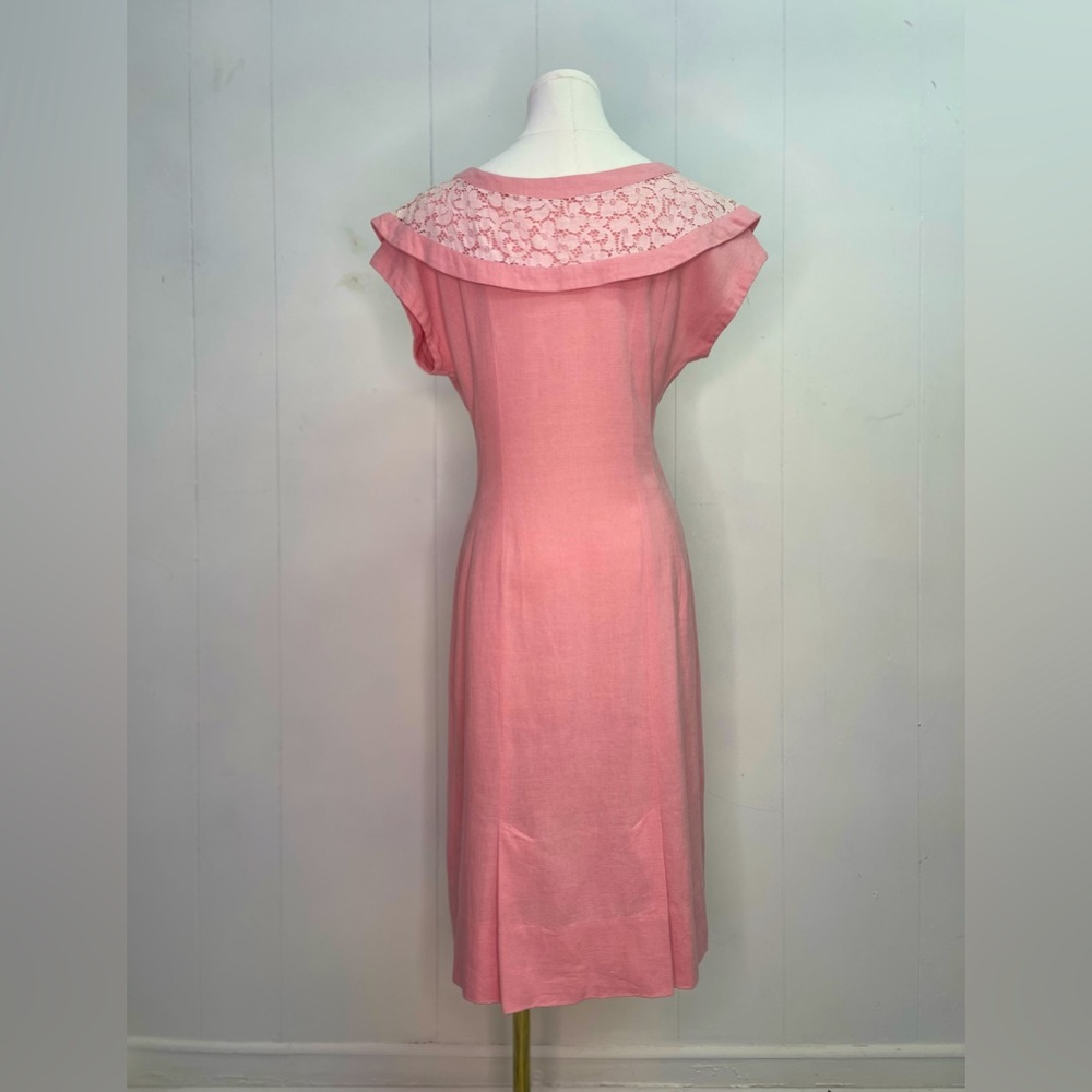 Vintage 1940s Linen Tea Dress lace collar - Picture 3 of 3